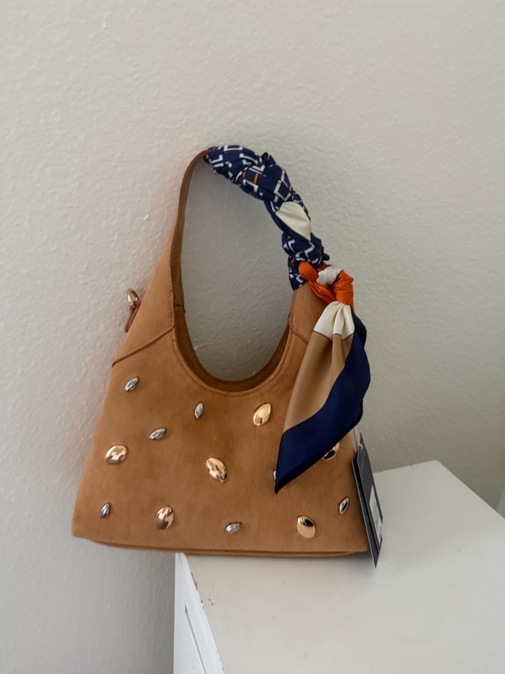Universal Thread Tan Studded Shoulder Bag with Navy & Orange Scarf